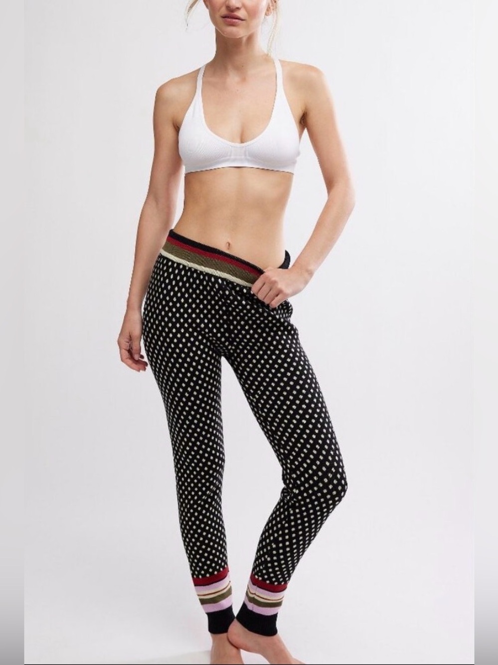 Free People Black Polka Dot Ribbed Lounge Leggings with Striped Cuffs